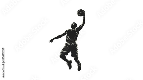 Powerful Basketball Player Silhouette Scoring, Determined Athlete in Mid-Air Slam Dunk, Sports Action Vector Graphic Isolated on Transparent Background.