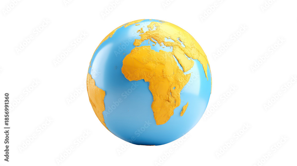 Obraz premium Yellow and blue globe showing Africa, Europe, and parts of Asia with detailed continents, smooth ocean surface, and minimalistic style, evoking modern and educational feel