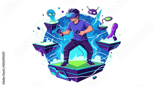 Immersive VR Gaming Experience: Happy Gamer Exploring Virtual Reality Worlds with Headset and Controllers, Isolated on transparent background, Vector Illustration for Metaverse Design