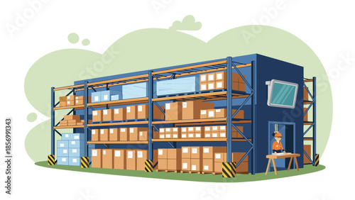 Cartoon Warehouse Interior with Shelves and Worker - Inventory Management Logistics isolated on transparent background. Supply Chain Distribution for Online Retail Business.