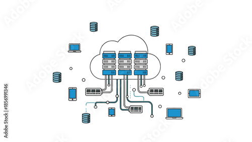 Cloud Computing Network Infrastructure Diagram: Data Servers, Devices & Communication, Connected System. Business Technology Concept Isolated on Transparent Background