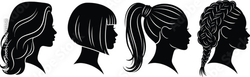 Set of 5 Female Hairstyles silhouette long wavy hair bob cut ponytail bun and braided style side profile