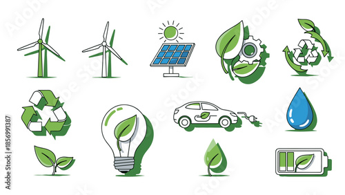 Ecology Concept Illustration: Sustainable Resources, Renewable Energy, Electric Car, Isolated on transparent background. Eco-Friendly, Green Technology Icons.