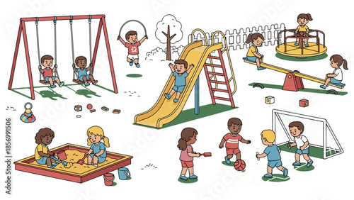Happy Children Playing in Colorful Playground Cartoon Illustration - Kids on Swings, Slide, Sandbox, Isolated on transparent background, Vector Graphic