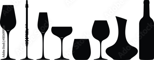 Set of 6 Wine Glasses silhouette bordeaux glass flute coupe tumbler and decanter distinct shapes