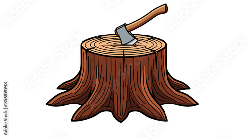 Lumberjack's Axe in Tree Stump Vector, Woodcutting Tool Icon. Freshly Cut Timber. Forestry and Wilderness Concept, Isolated on Transparent Background.
