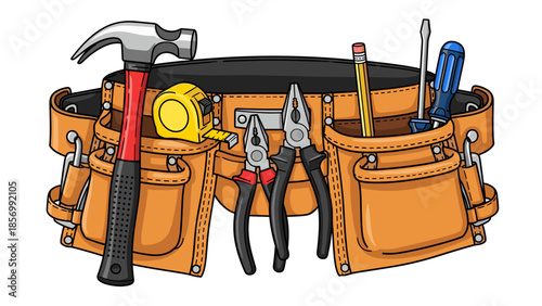 Cartoon Tool Belt with Hammer, Pliers, Screwdriver, Tape Measure - Construction Worker Essential Equipment isolated on transparent background for DIY Projects