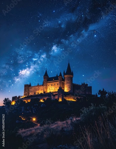A majestic, illuminated medieval castle sits atop a hill beneath a stunningly clear, star-filled night sky featuring the Milky Way.