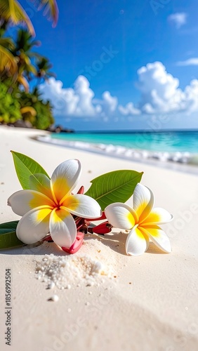 Two white and yellow plumeria flowers rest on pristine white sand with turquoise ocean waves in the background.