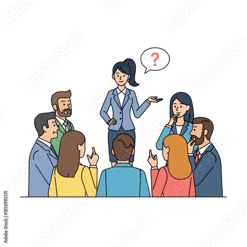 Businesswoman asking question to diverse team in meeting, brainstorming session