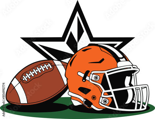 Orange american football helmet and ball on grass with a black and white checkered star background
