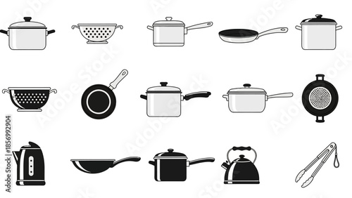 Outline Icon Set of Kitchen Cookware Including Pots, Pans, Colander, Kettle, and Tongs on Isolated White Background