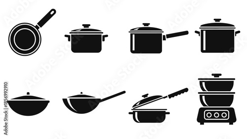 Black Silhouette Collection of Cooking Pots, Frying Pans, Wok, and Steamer Kitchen Utensils on Isolated White Background