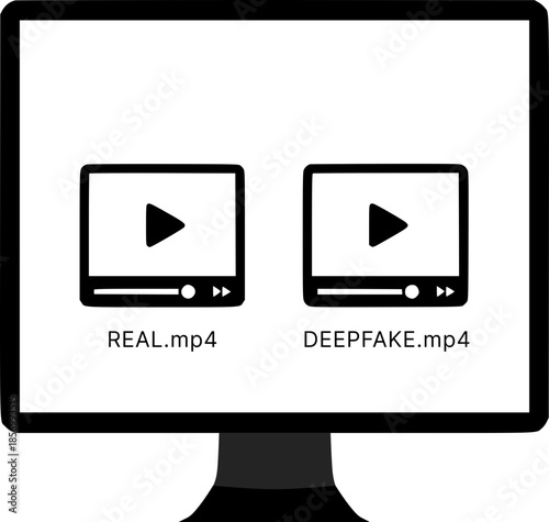 Two identical video files on the desktop with the names Real.mp4 and Deepfake.mp4. The concept of faking video content, the difficulty of recognizing deepfakes and fake news.