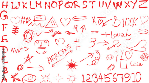 Collection of hand drawn red ink doodles including letters numbers symbols and various simple directional arrows.