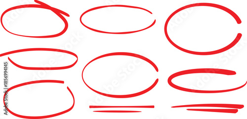 Set of various hand drawn red highlight circles and underlines indicating important text markings for design..
