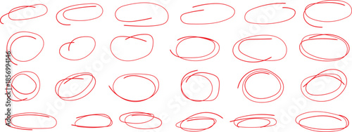 Collection of hand drawn red marker circles and oval shapes scattered randomly across a white background.