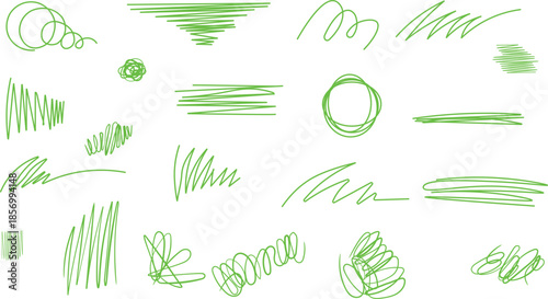 Collection of various green ink hand drawn scribble and doodle design elements isolated on a white background.
