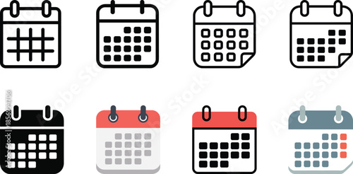 Modern calendar icon set with flat and outline styles for scheduling, events, planning apps and web UI design projects