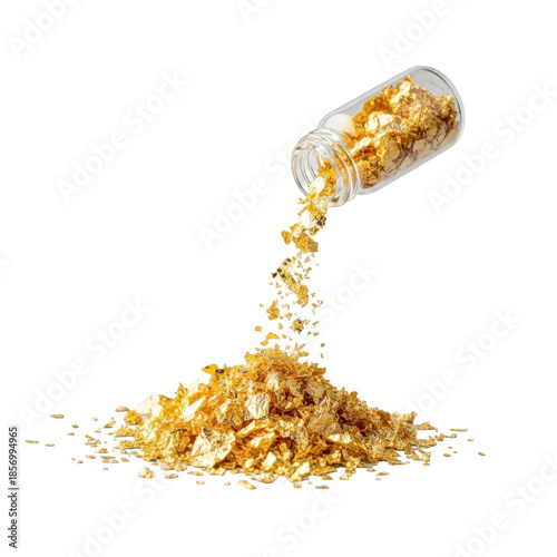 Edible gold flakes cascading from a crystal vial onto an artful pile, transparent background, soft studio light, ultra-close-up, luxury concept.