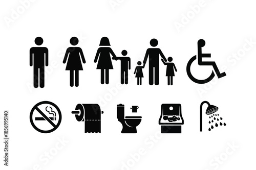 Public Restroom and Facility Information Signage Icon Set Bathroom Symbols for Wayfinding and Navigation