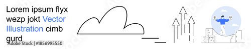 Cloud technology, digital growth, business innovation, internet services, futuristic concepts, data storage. Abstract cloud, arrows growth and a person with a cityscape. Cloud technology and digital
