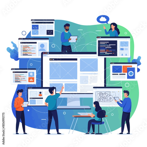 Teamwork in web development: people collaborating on website design and coding