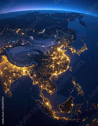 Striking satellite view of East and Southeast Asian metropolitan light pollution against the dark Earth.