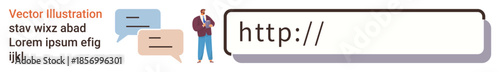 Online communication, web design, internet browsing, digital marketing, technology interface, user interaction. URL bar with chat icons and a person standing. Online communication and web design