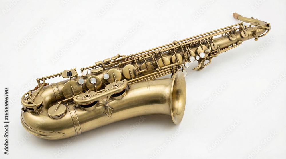 Fototapeta premium Saxophone Isolated on White Background, Professional Brass Alto Saxophone Instrument with Detailed Keys and Mouthpiece for Music Performance and Studio Use 