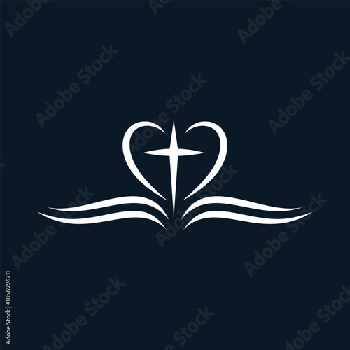 Church christian cross and love heart logo design vector template
