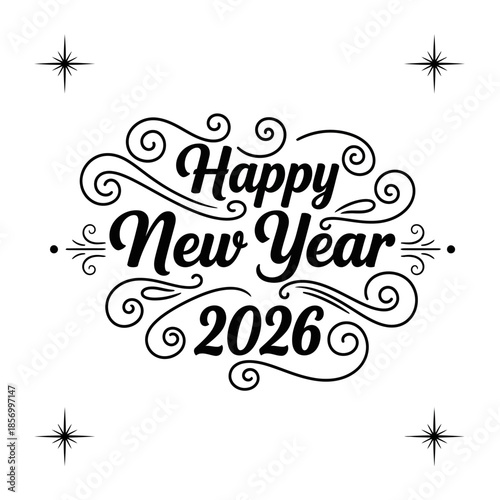 Happy New Year 2026 celebration with elegant swirling design