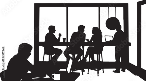 Diverse team of individuals engaged in discussion and using laptops in a contemporary office setting