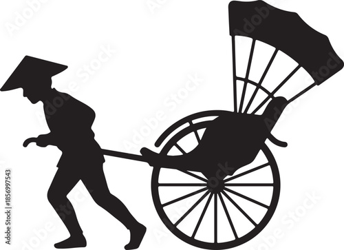 Traditional Asian rickshaw driver working hard pulling a passenger vehicle with a distinctive umbrella