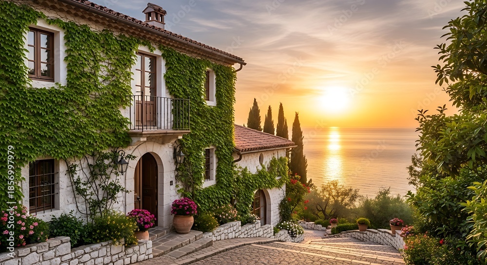 Naklejka premium Luxury villa with green ivy facade.