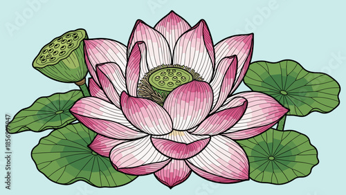 Beautiful Pink Water Lily Flower Illustration.