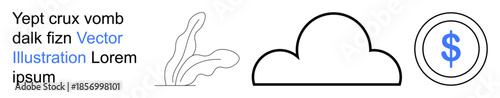 Finance, savings, investment, cloud storage, environment, financial management. Line art plant, a cloud and a dollar symbol. Finance and savings through minimalistic elements