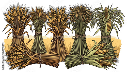 Bundles of Wheat and Grain Stalks.