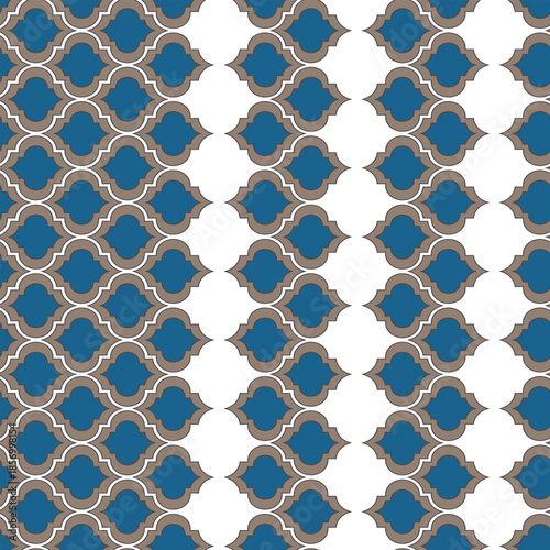 Arabic arabesque seamless pattern with colorful elements. Geometric background. Design greeting card for Ramadan Kareem, Islamic ornamental colorful detail of mosaic. Vector illustration.