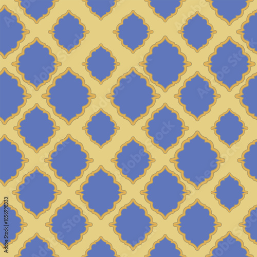 Arabic arabesque seamless pattern with colorful elements. Geometric background. Design greeting card for Ramadan Kareem, Islamic ornamental colorful detail of mosaic. Vector illustration.