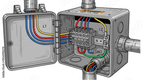 Electrical Junction Box with Colored Wires.