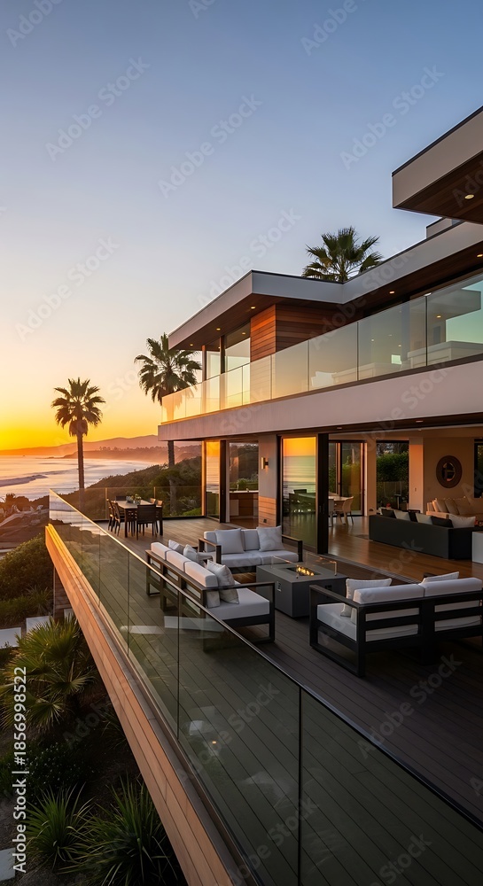 Fototapeta premium Modern beachfront house at sunset.