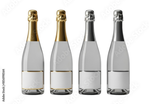 Four identical premium champagne bottles with gold/silver foil and blank white labels, perfectly aligned on a seamless transparent background. Concept for luxury beverage branding