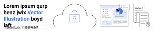 Data security, cloud storage, financial analysis, invoicing, business analytics, and digital protection. A cloud lock, pie chart and invoices. Data security and cloud storage concept