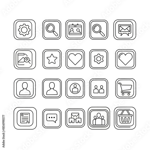 A collection of clean line art icons representing common digital interface elements including settings, search, calendar, mail, files, favorites, users, chat, messages