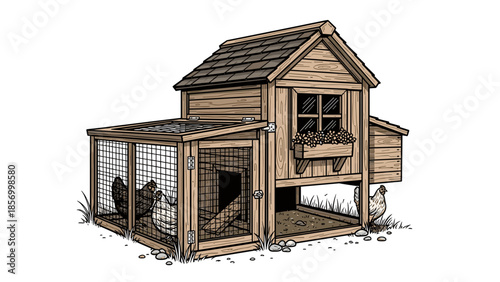 Hand Drawn Chicken Coop with Hens Inside.