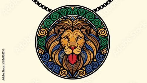 Lion Pendant Necklace with Ornate Design.