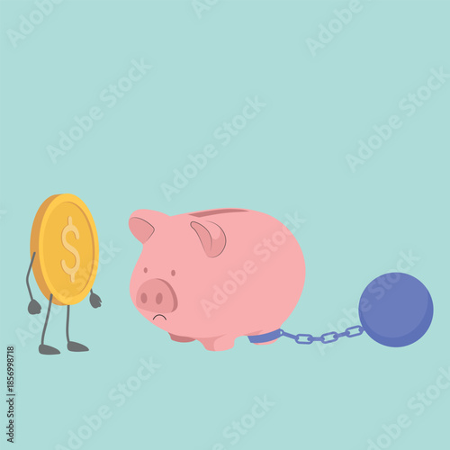 Credit burden, financial difficulties, debt load, credit bondage, piggy bank, dollar coin, economic problems. World currency, bank account seizure, account blocking, financial hoarding