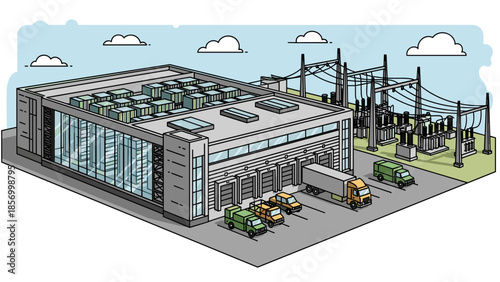 Modern Industrial Building with Electrical Substation.