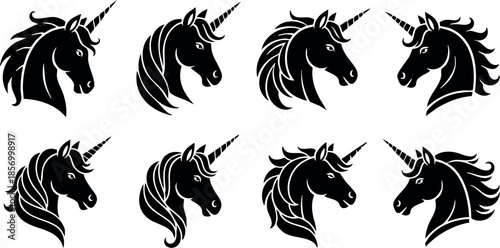 Unicorn head silhouettes set with varied mane styles in black vector illustration 
